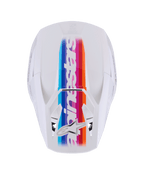 Alpinestars S-M3 Force OCD Helmet, Motocross Helmet, White Glossy, top-down view featuring a vibrant multi-colored center stripe in blue, purple, red, and orange, white Alpinestars branding and star logo, professional off-road head protection