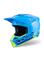 Alpinestars S-M3 Force OCD Helmet, Motocross Helmet, Cyan Glossy with neon yellow and purple wavy graphics, high-gloss finish with prominent Alpinestars logo, designed for off-road impact protection and ventilation
