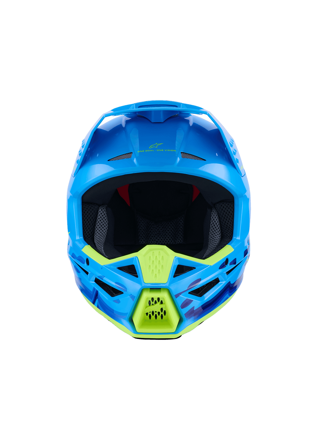 Alpinestars S-M3 Force OCD Helmet, Motocross Helmet, Cyan Glossy with neon yellow accents, front view, featuring blue and purple camo graphics, aggressive ventilation ports, and sleek aerodynamic shell design