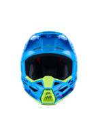 Alpinestars S-M3 Force OCD Helmet, Motocross Helmet, Cyan Glossy with neon yellow accents, front view, featuring blue and purple camo graphics, aggressive ventilation ports, and sleek aerodynamic shell design