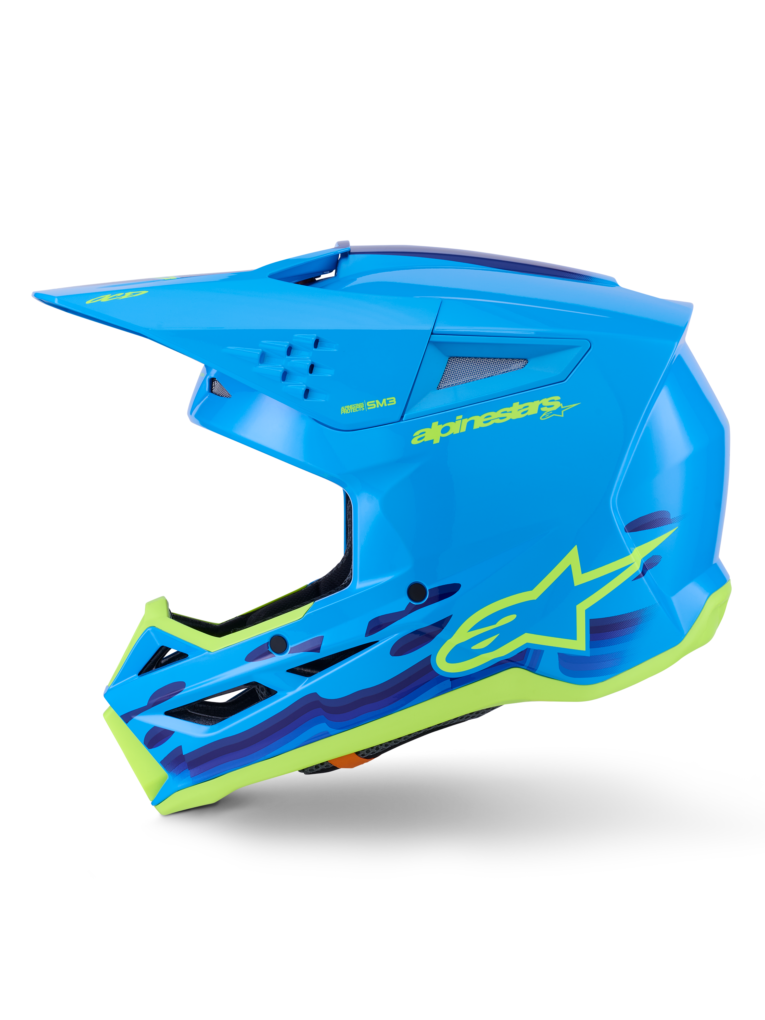 Alpinestars S-M3 Force OCD Helmet, Motocross Helmet, Cyan Glossy with graphic accents, featuring a streamlined shell, protective visor, and high-flow ventilation for off-road racing