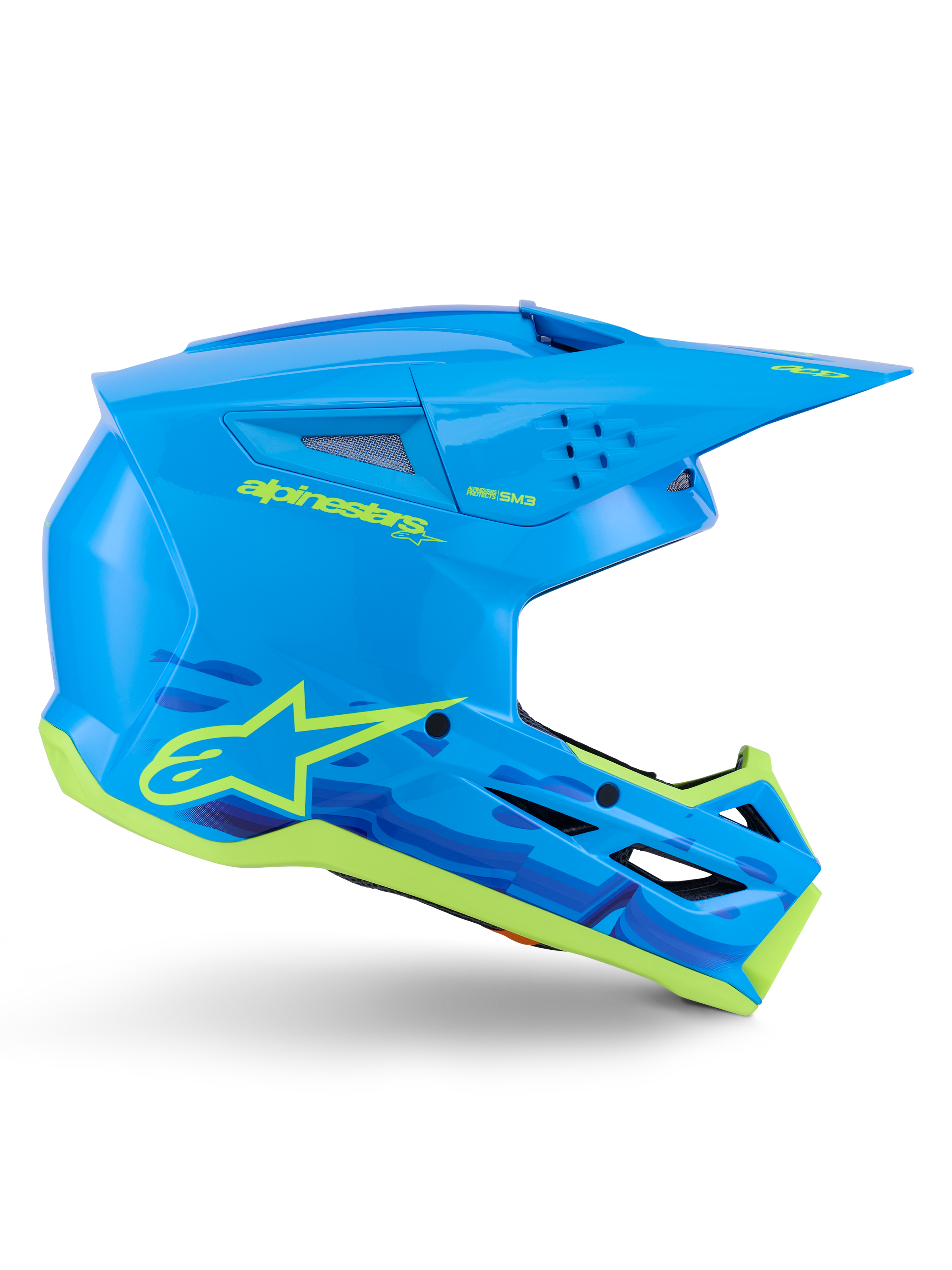 Alpinestars S-M3 Force OCD Helmet, Motocross Off-Road Helmet, Cyan Glossy with Neon Yellow details, ECE 22.06 Certified, aerodynamic shell with ventilation slits, pointed visor, and star logo graphics