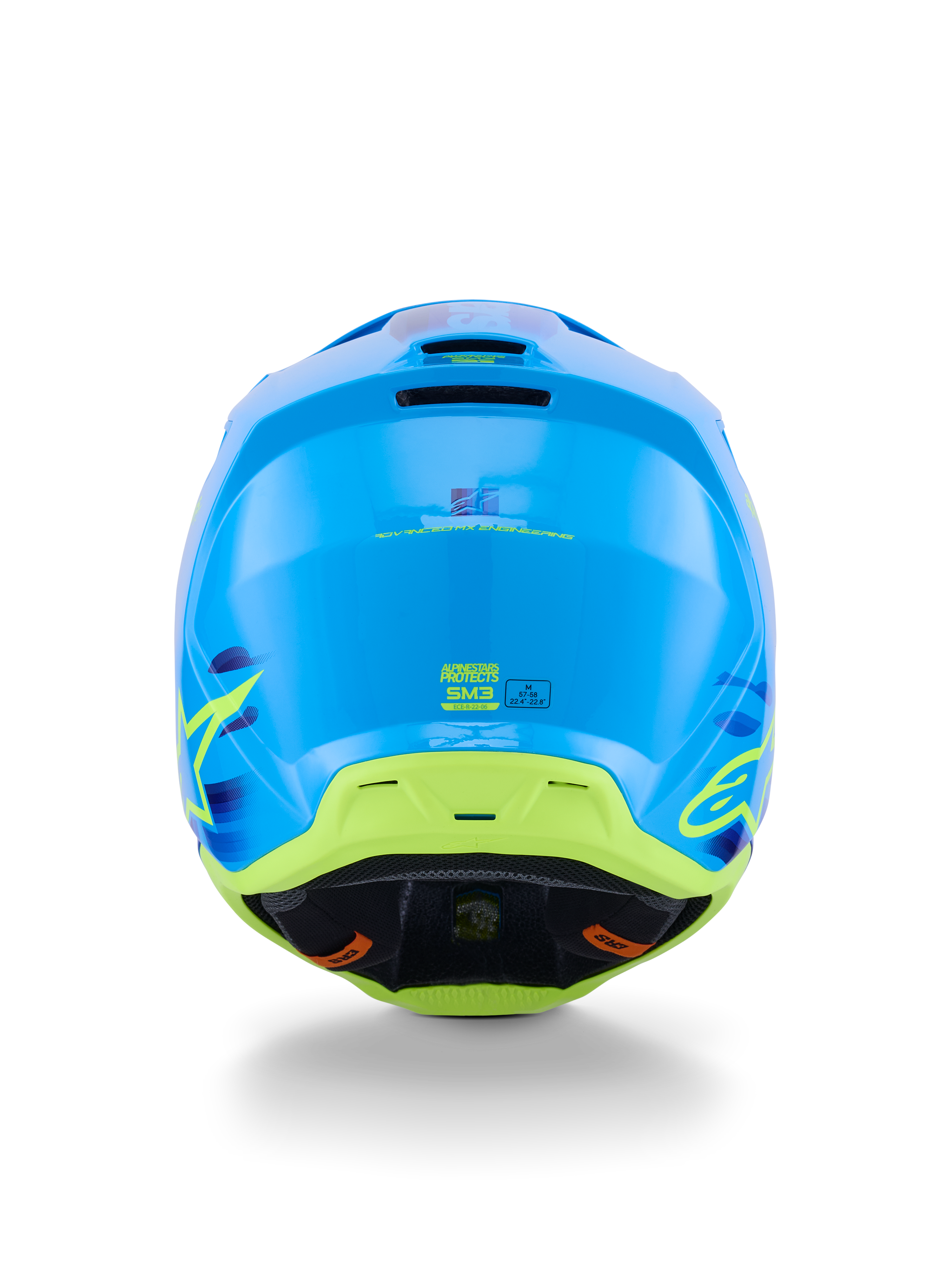 Alpinestars S-M3 Force OCD Helmet, Motocross Helmet, Cyan Glossy with lime green and yellow accents, rear view highlighting the aerodynamic shell construction, exhaust ventilation ports, and ECE 22.06 safety markings.