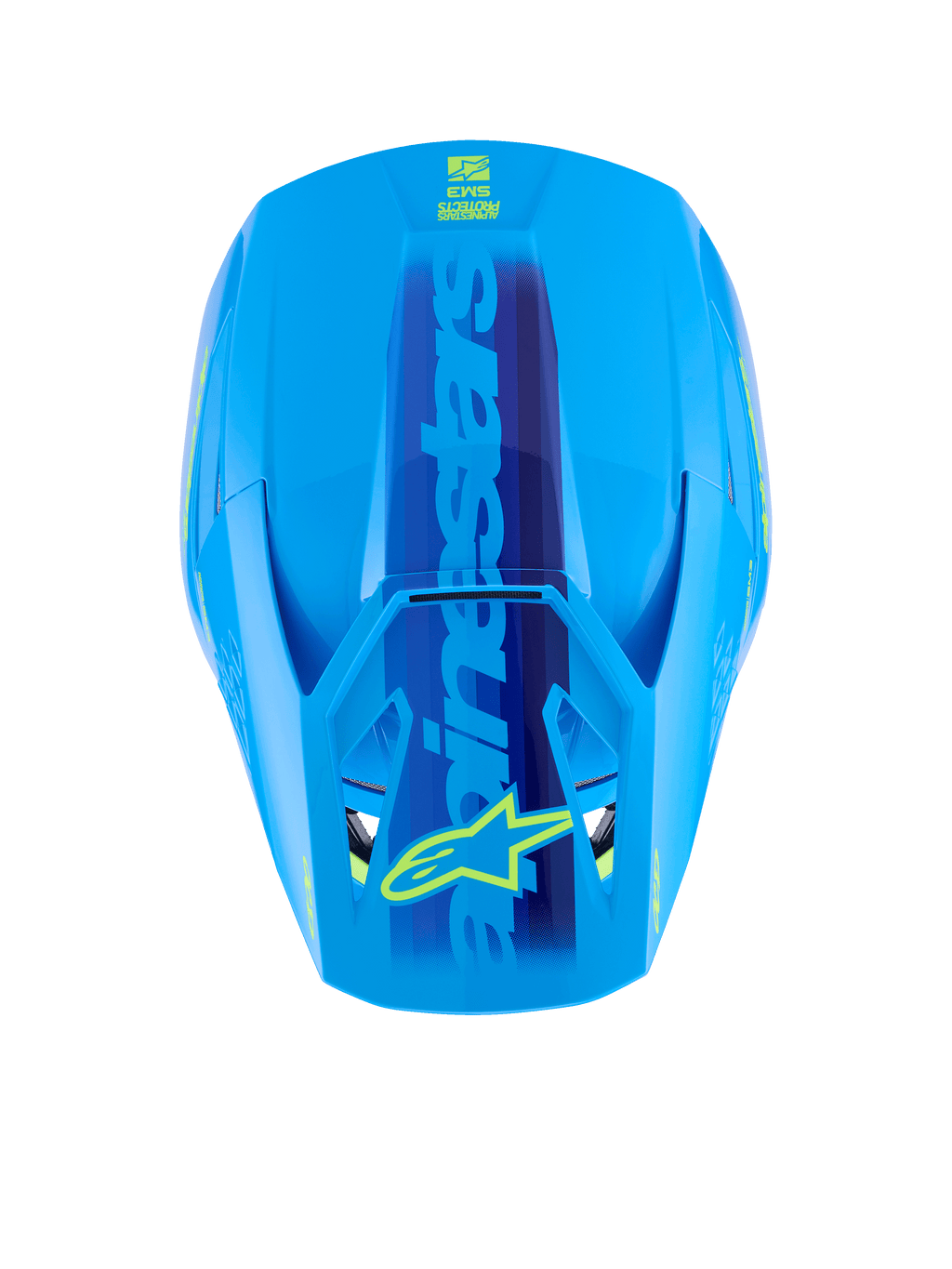 Alpinestars S-M3 Force OCD Helmet, Cyan Glossy, top view showing the aerodynamic shell, large blue Alpinestars branding with yellow star logo on the visor, sleek glossy finish for motocross racing.