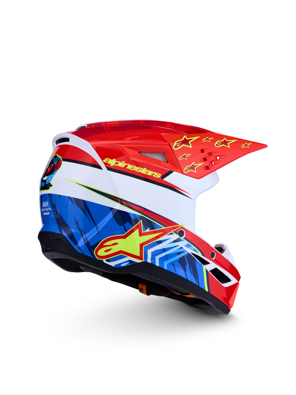 Alpinestars SM3 Falcon Youth Helmet ECE06, red and blue motocross helmet with yellow star graphics, ECE 2206 certified.