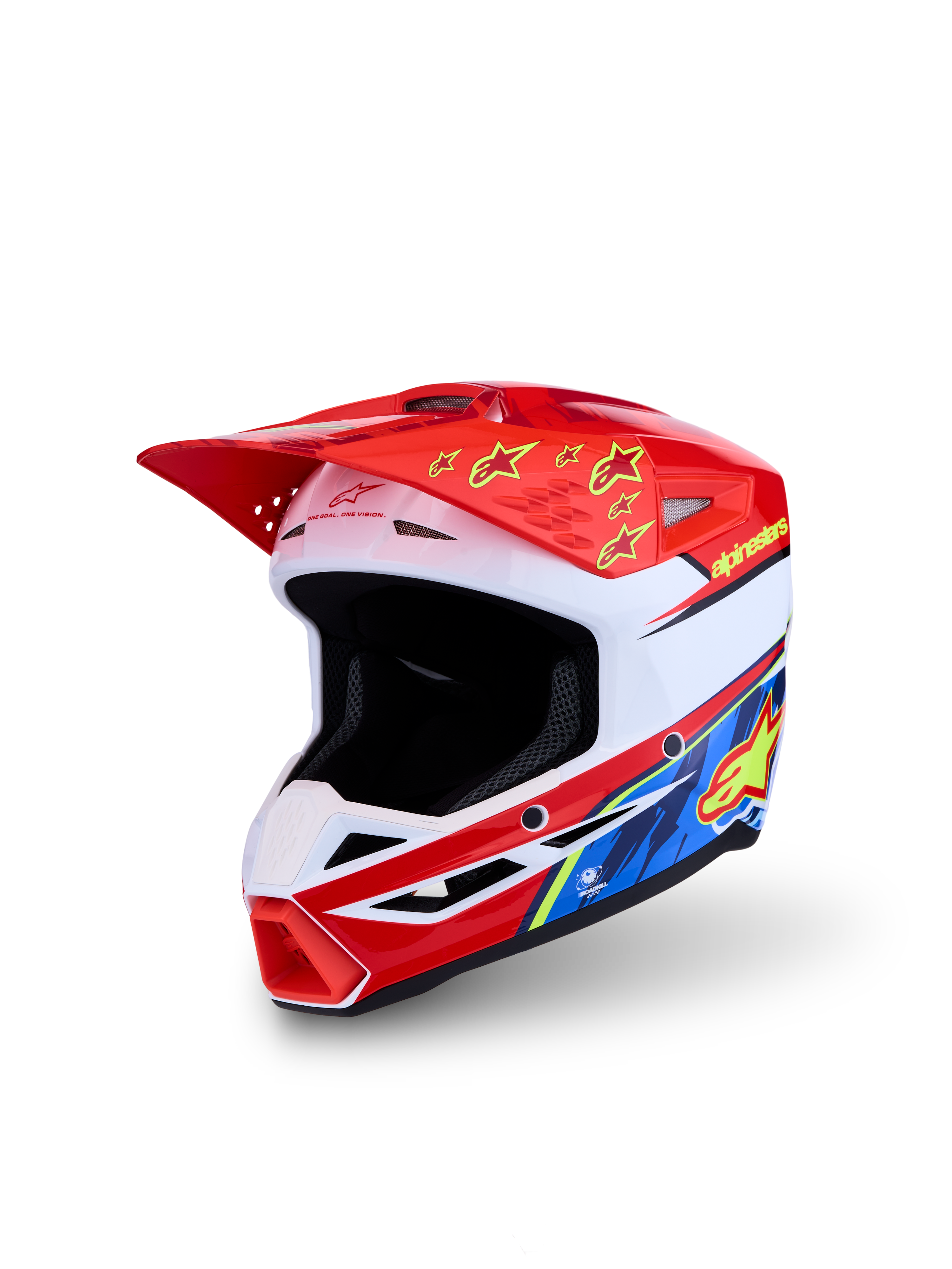 Alpinestars SM3 Falcon Youth Helmet ECE06, red and white motocross helmet for kids with yellow and blue graphics.