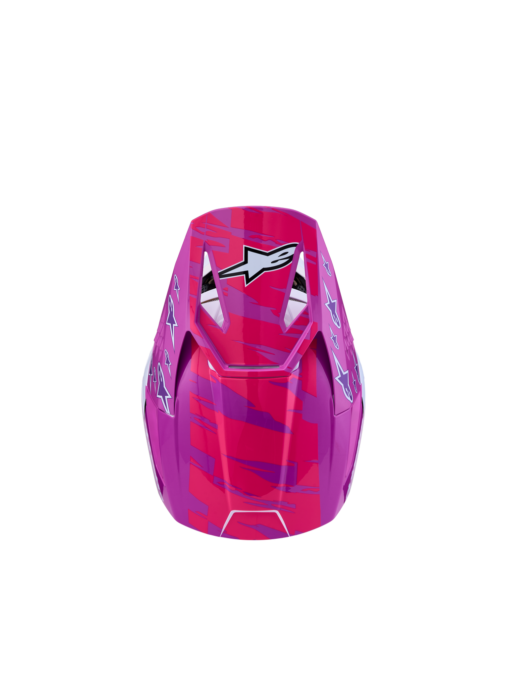 Alpinestars SM3 Youth Falcon Helmet ECE06, youth motocross helmet in purple and pink fluo with white star graphics.