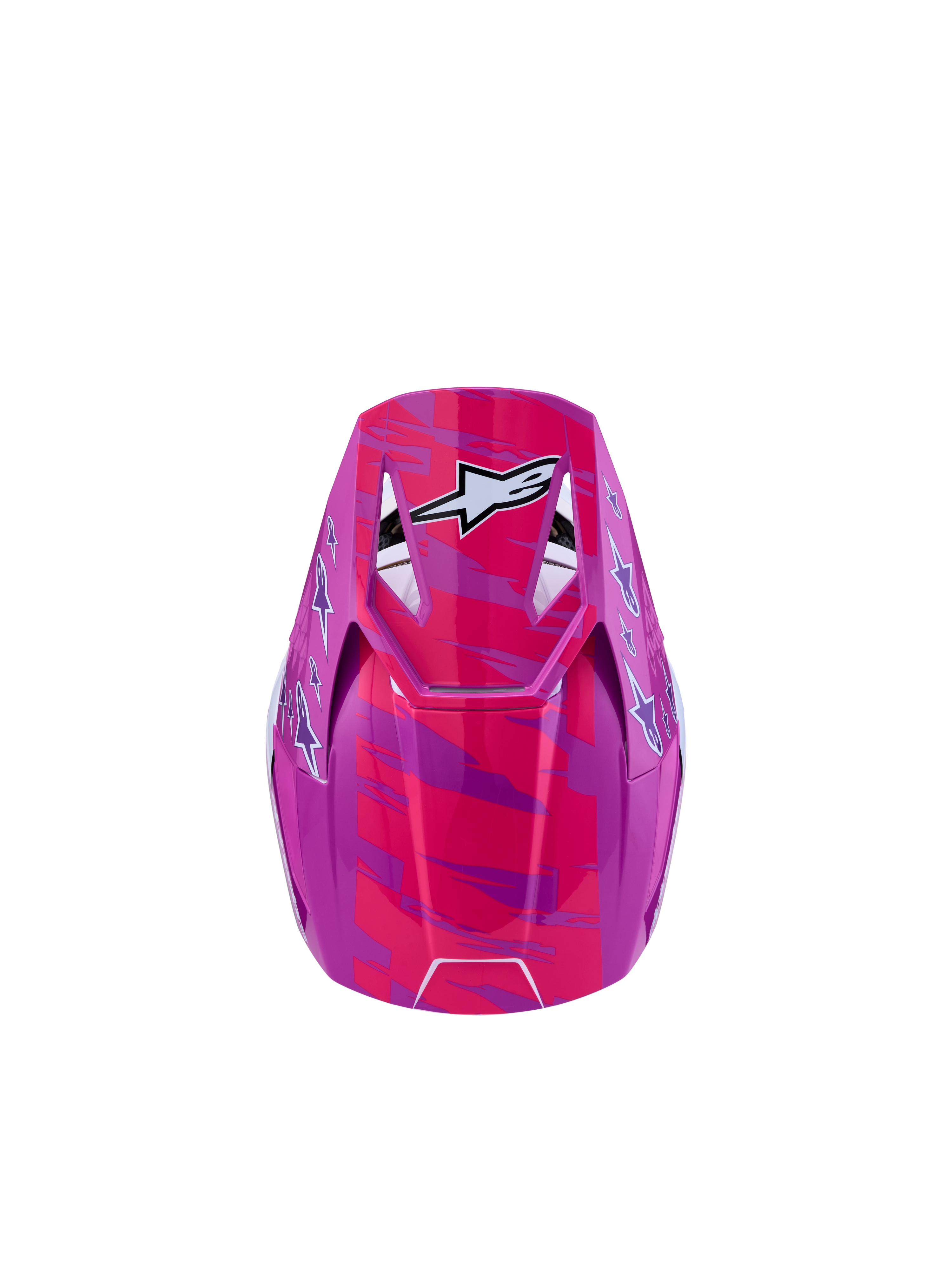 Alpinestars SM3 Youth Falcon Helmet ECE06, youth motocross helmet in purple and pink fluo with white star graphics.