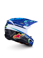 Alpinestars SM3 Youth Falcon Helmet ECE06, Blue and White Youth Motocross Helmet with Pink and Yellow graphics, ECE 22.06 certified.