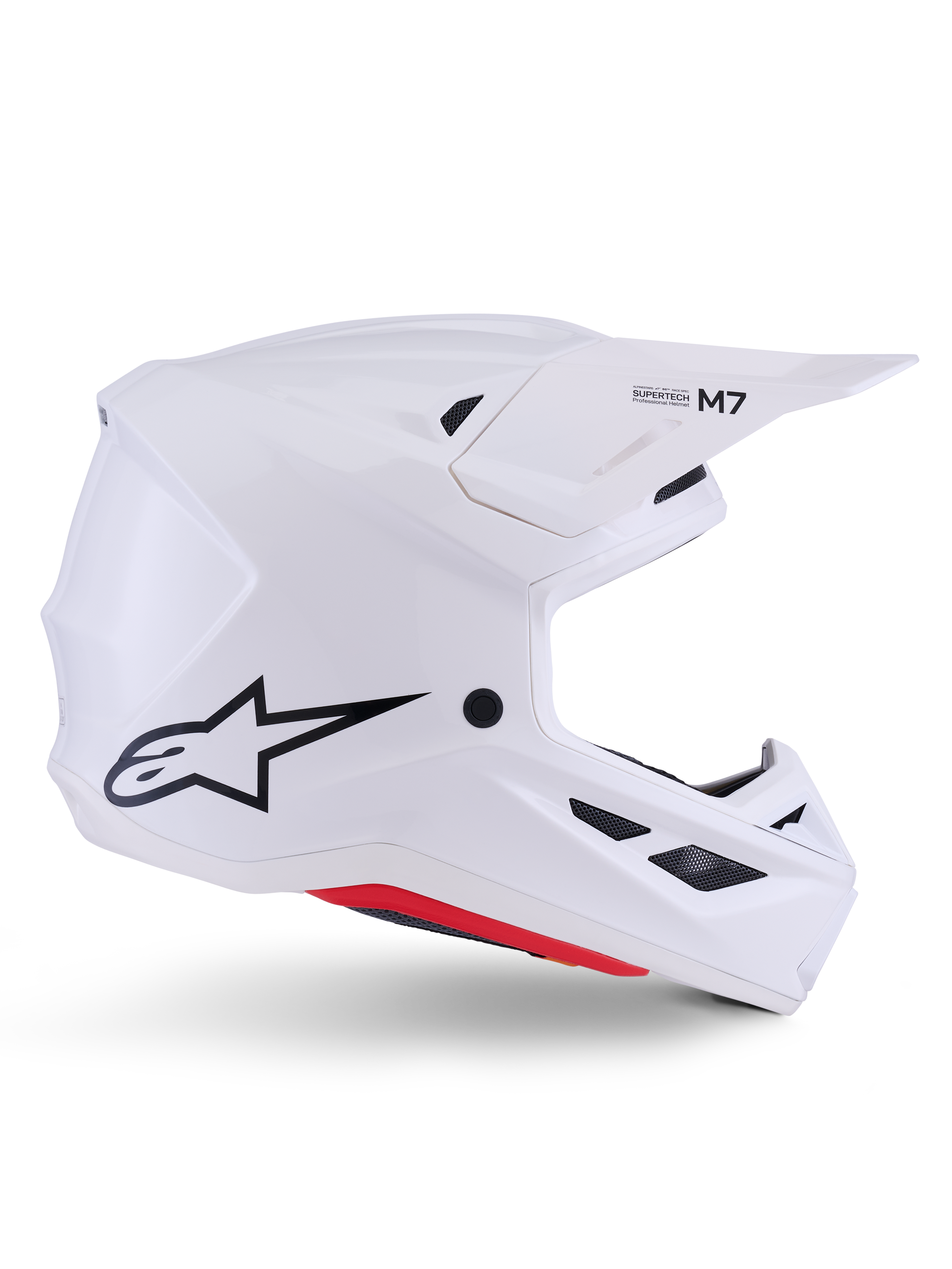 Alpinestars S-M7 Solid Helm ECE 22.06, motorcrosshelm, glanzend wit, aerodynamisch hoekig ontwerp met zwarte ventilatieroosters, voorzien van zwart sterlogo en M7-branding, professionele bescherming voor off-road racen