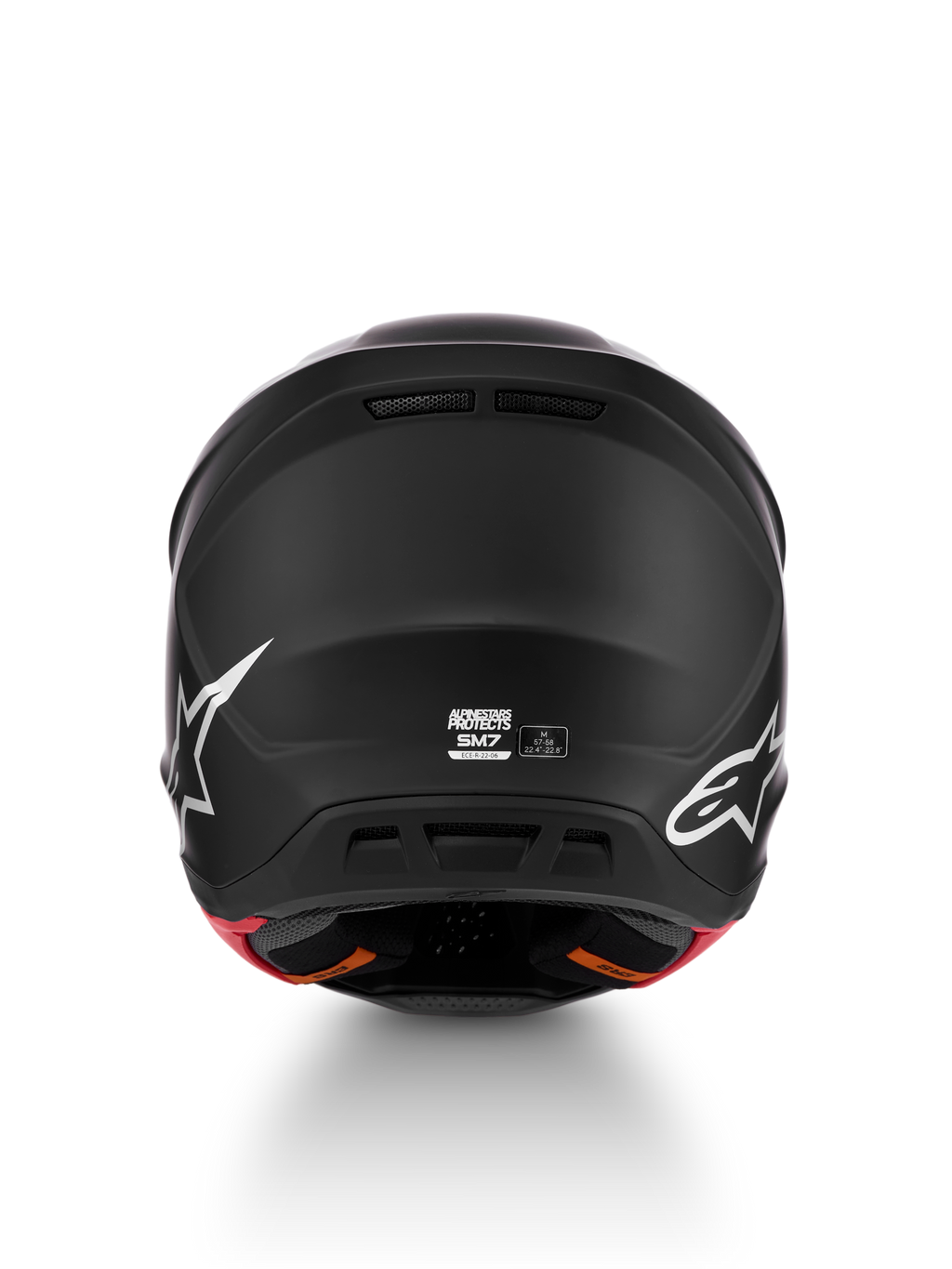 Alpinestars S-M7 Solid Helmet ECE06, Rear View, Matte Black Motocross Helmet, Size M, ECE 22.06 Certified.
