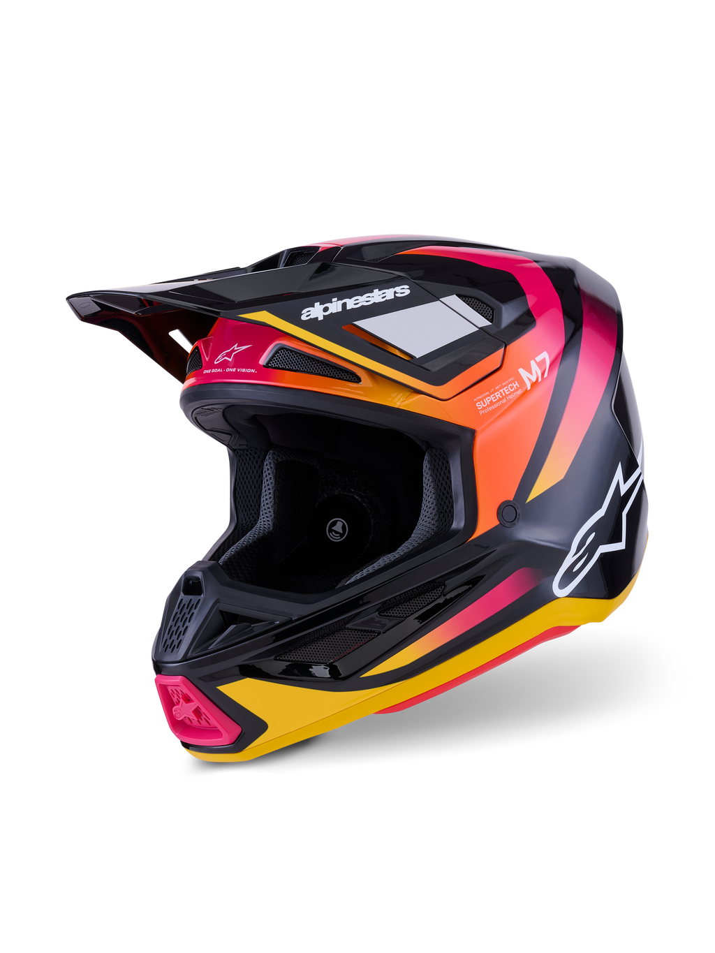 Alpinestars S-M7 Rise helm, motorcrosshelm, glanzend zwart, geel en roze, voorzien van een aerodynamische composiet schaal met levendige graphics met kleurverloop, witte Alpinestars-logo's en meerdere ventilatieopeningen voor off-road racing.