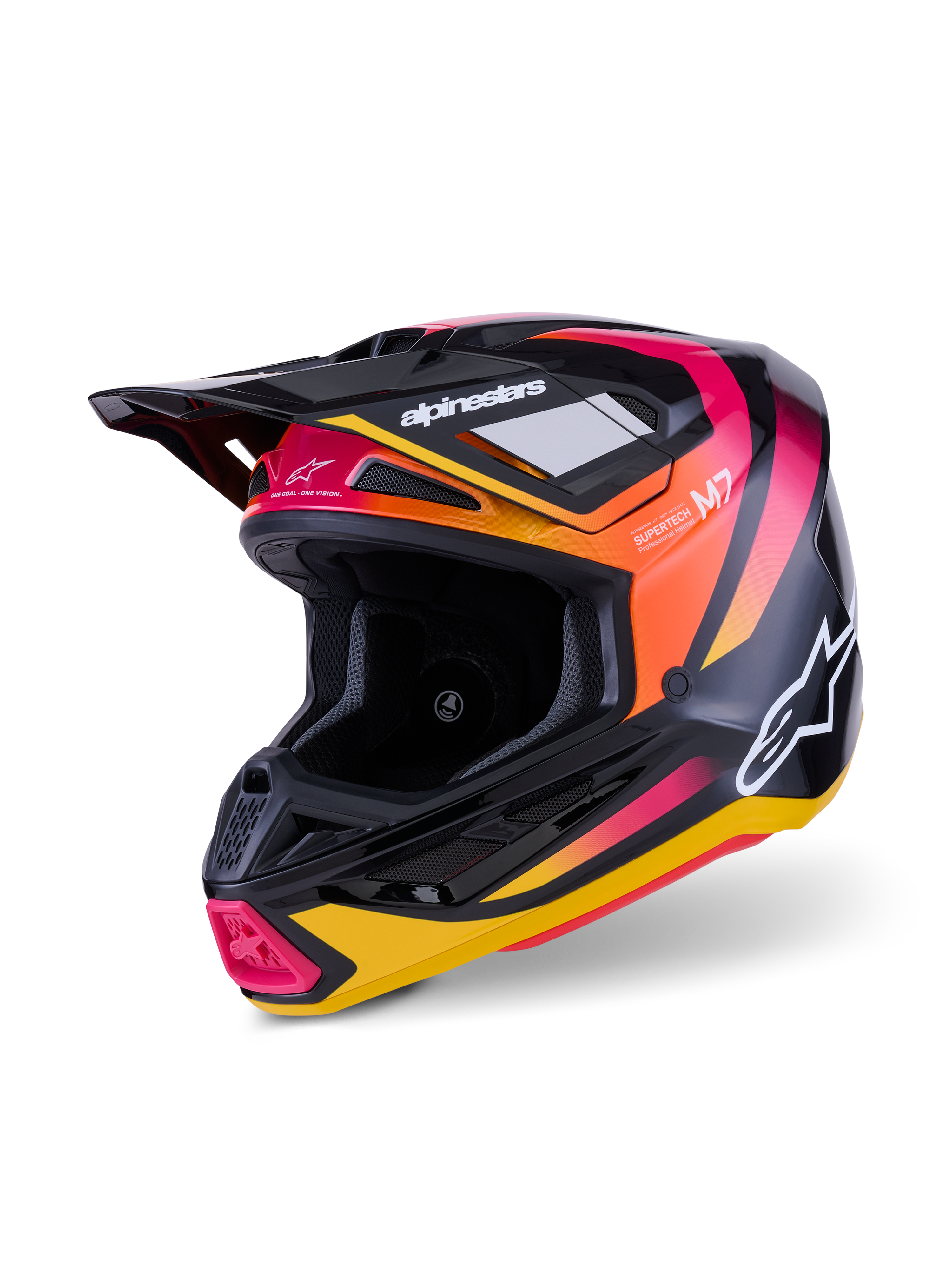 Alpinestars S-M7 Rise helm, motorcrosshelm, glanzend zwart, geel en roze, voorzien van een aerodynamische composiet schaal met levendige graphics met kleurverloop, witte Alpinestars-logo's en meerdere ventilatieopeningen voor off-road racing.