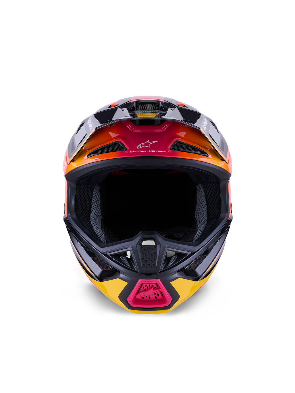 Alpinestars S-M7 Rise Helm ECE 22.06, motorcrosshelm, glanzend zwart, geel en roze met oranje kleurverlopen, vooraanzicht met aerodynamische composiet schaal, meerdere ventilatieopeningen met gaas en 'One Goal. One Vision.' branding, ontworpen voor off-road racing