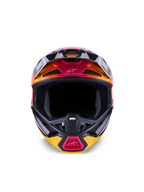 Alpinestars S-M7 Rise Helm ECE 22.06, motorcrosshelm, glanzend zwart, geel en roze met oranje kleurverlopen, vooraanzicht met aerodynamische composiet schaal, meerdere ventilatieopeningen met gaas en 'One Goal. One Vision.' branding, ontworpen voor off-road racing