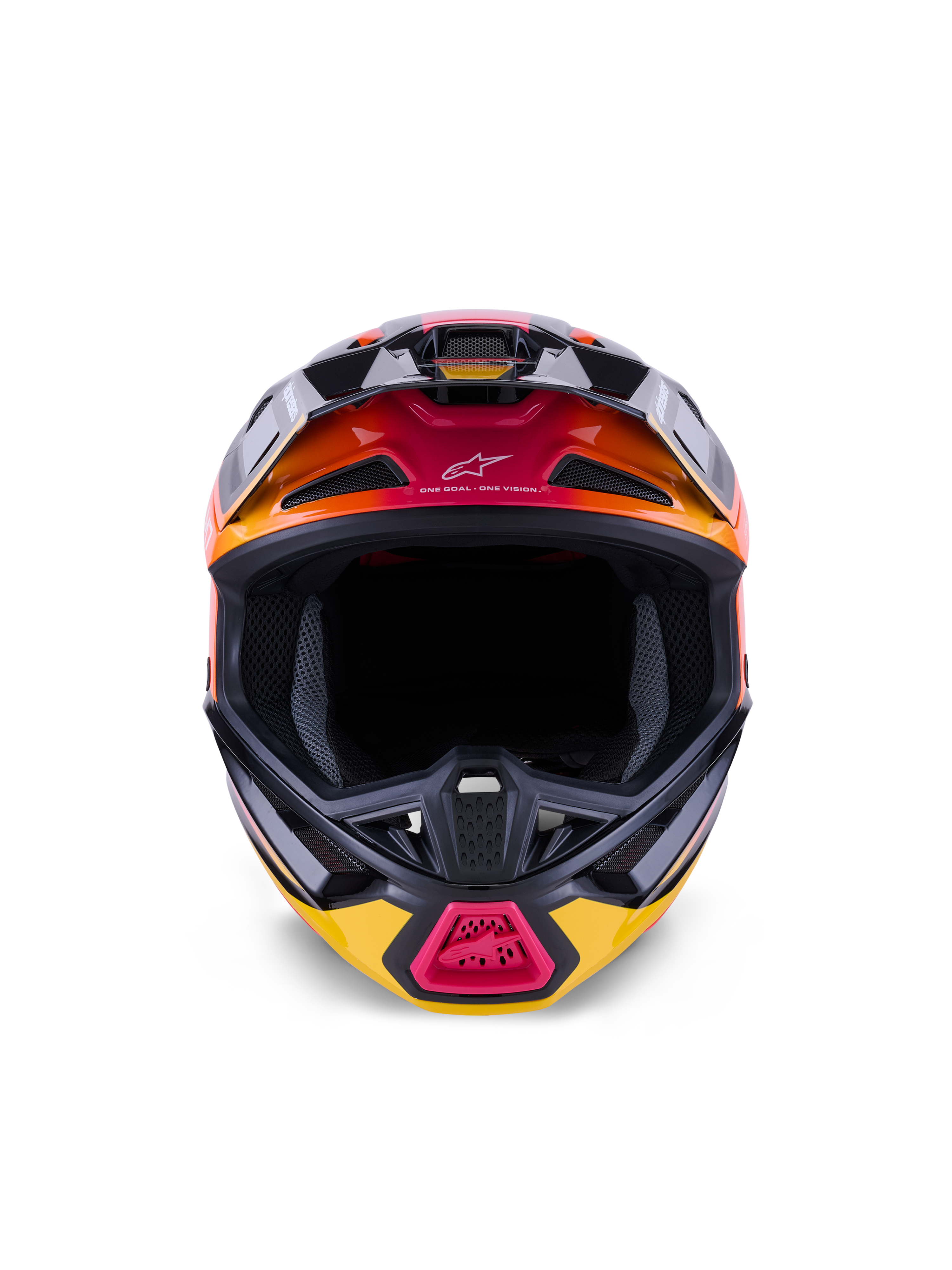 Alpinestars S-M7 Rise Helm ECE 22.06, motorcrosshelm, glanzend zwart, geel en roze met oranje kleurverlopen, vooraanzicht met aerodynamische composiet schaal, meerdere ventilatieopeningen met gaas en 'One Goal. One Vision.' branding, ontworpen voor off-road racing