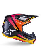 Alpinestars S-M7 Rise helm, motorcross racing helm, glanzend zwart met roze, oranje en gele graphics, zijaanzicht, voorzien van wit Alpinestars-logo en klep, aerodynamische schaal met geïntegreerde ventilatieopeningen