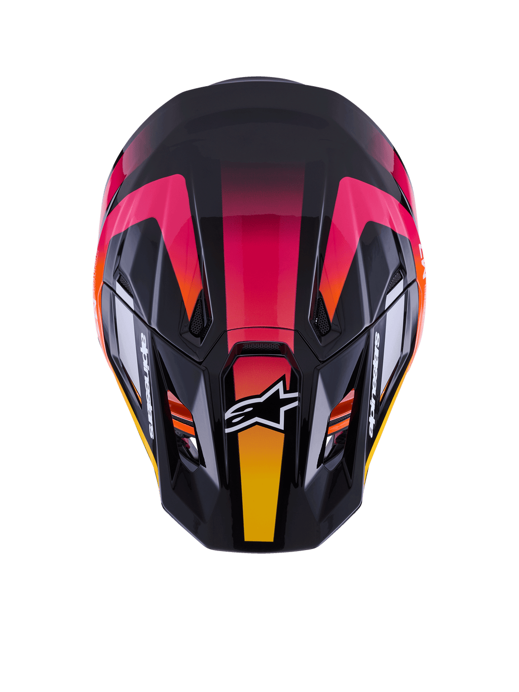 Alpinestars S-M7 Rise Helm ECE 22.06, motorcrosshelm, zwart roze en geel glanzend, bovenaanzicht met aerodynamische composietschaal, levendig kleurverloop, ventilatieopeningen en wit Alpinestars-logo aan de voorzijde