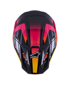 Alpinestars S-M7 Rise Helm ECE 22.06, motorcrosshelm, zwart roze en geel glanzend, bovenaanzicht met aerodynamische composietschaal, levendig kleurverloop, ventilatieopeningen en wit Alpinestars-logo aan de voorzijde