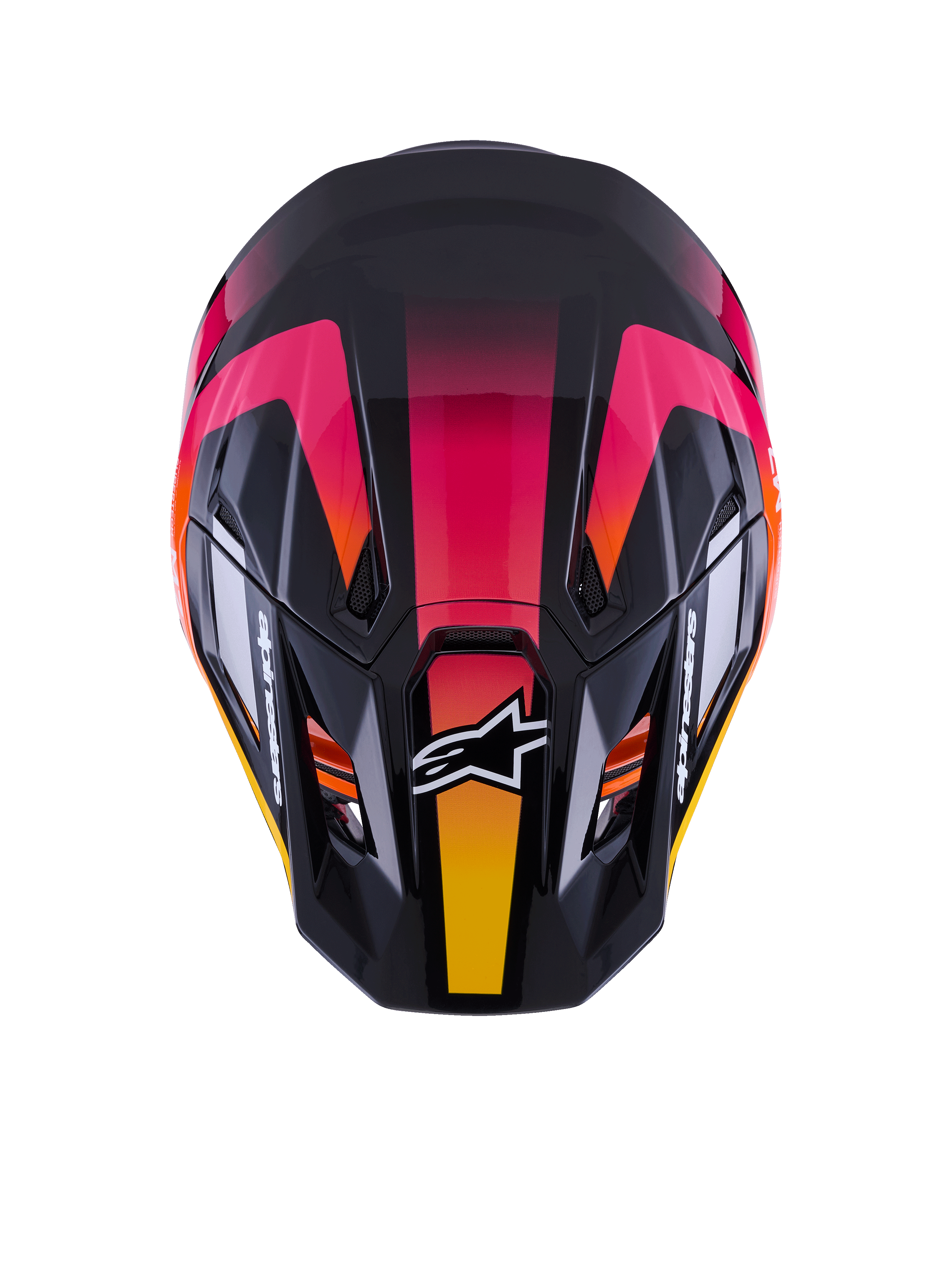 Alpinestars S-M7 Rise Helm ECE 22.06, motorcrosshelm, zwart roze en geel glanzend, bovenaanzicht met aerodynamische composietschaal, levendig kleurverloop, ventilatieopeningen en wit Alpinestars-logo aan de voorzijde