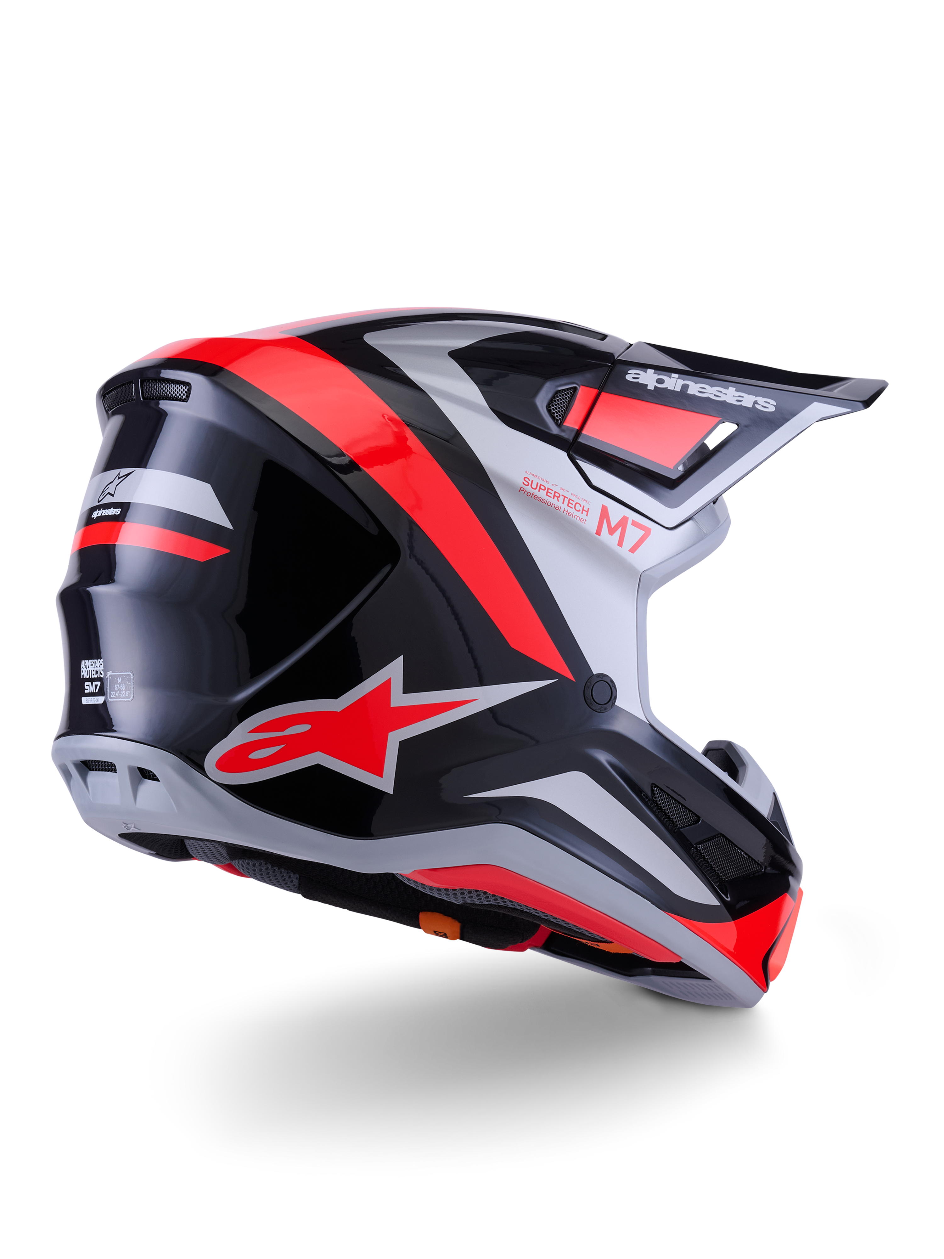 Alpinestars S-M7 Rise Helmet, Motocross Helmet, Black Silver and Red Fluo Glossy, three-quarter rear view, featuring bold red A-star logo and silver accents, aerodynamic shell with visor, professional off-road racing protection