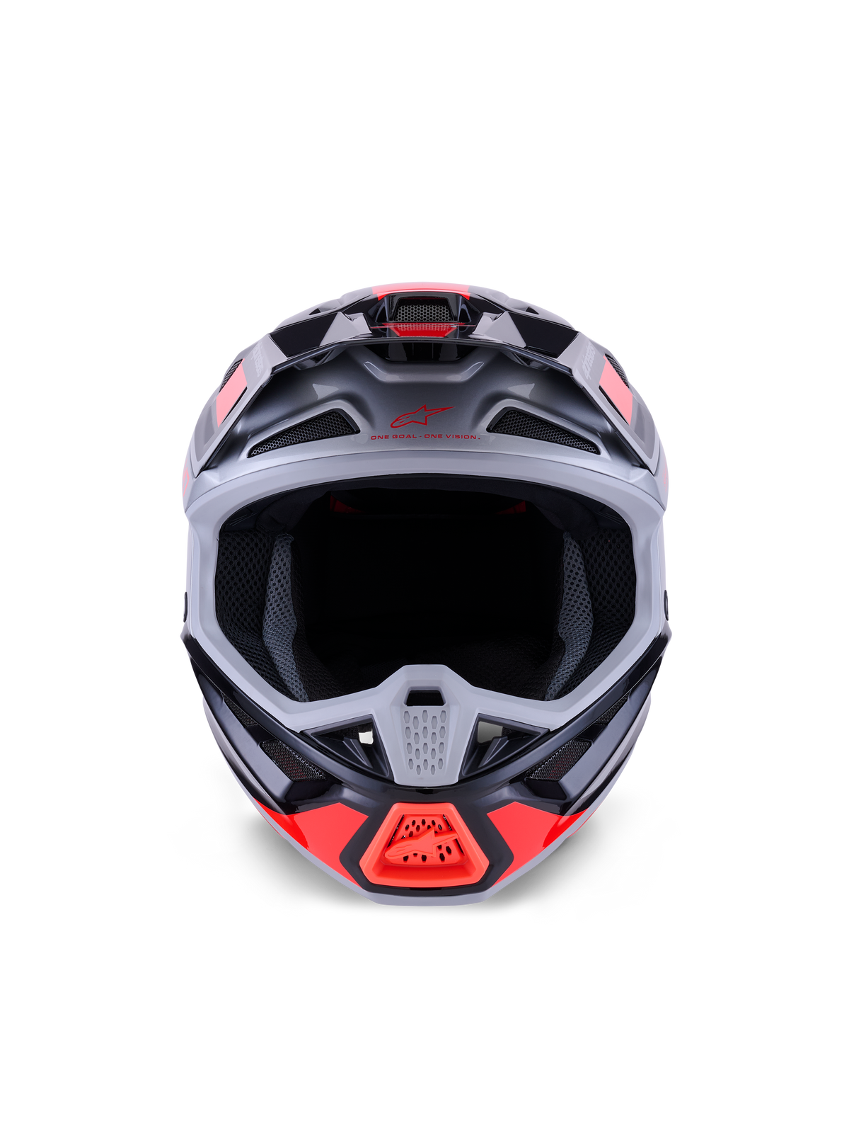 Alpinestars S-M7 Rise helm, motorcrosshelm, zwart, zilver en fluorrood glanzend, vooraanzicht met aerodynamische composietschaal, meerdere ventilatieopeningen en grote oogopening, ontworpen voor off-road racebescherming
