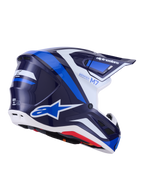 Alpinestars S-M7 Rise Helmet, Motocross Helmet, Blue White Glossy, navy and bright blue graphics with white accents, Alpinestars logos on the side and back, aerodynamic shell design with ventilation ports, professional off-road racing gear