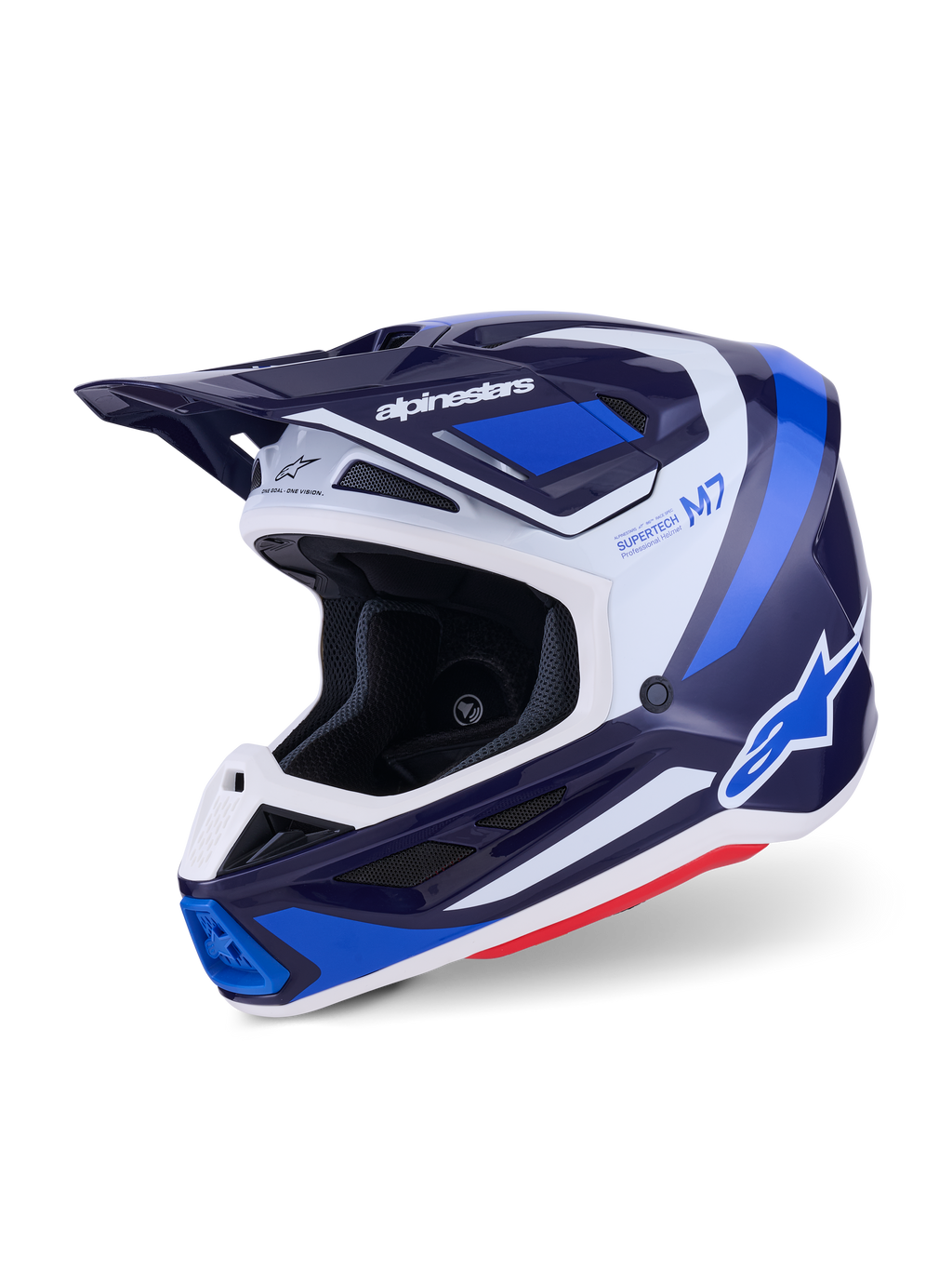 Alpinestars S-M7 Rise Motocross Helmet, Blue White Glossy, three-quarter view showing aerodynamic shell with integrated visor and multiple ventilation ports, featuring white and blue graphic accents and bold branding, high-performance off-road racing gear
