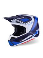 Alpinestars S-M7 Rise Motocross Helmet, Blue White Glossy, three-quarter view showing aerodynamic shell with integrated visor and multiple ventilation ports, featuring white and blue graphic accents and bold branding, high-performance off-road racing gear