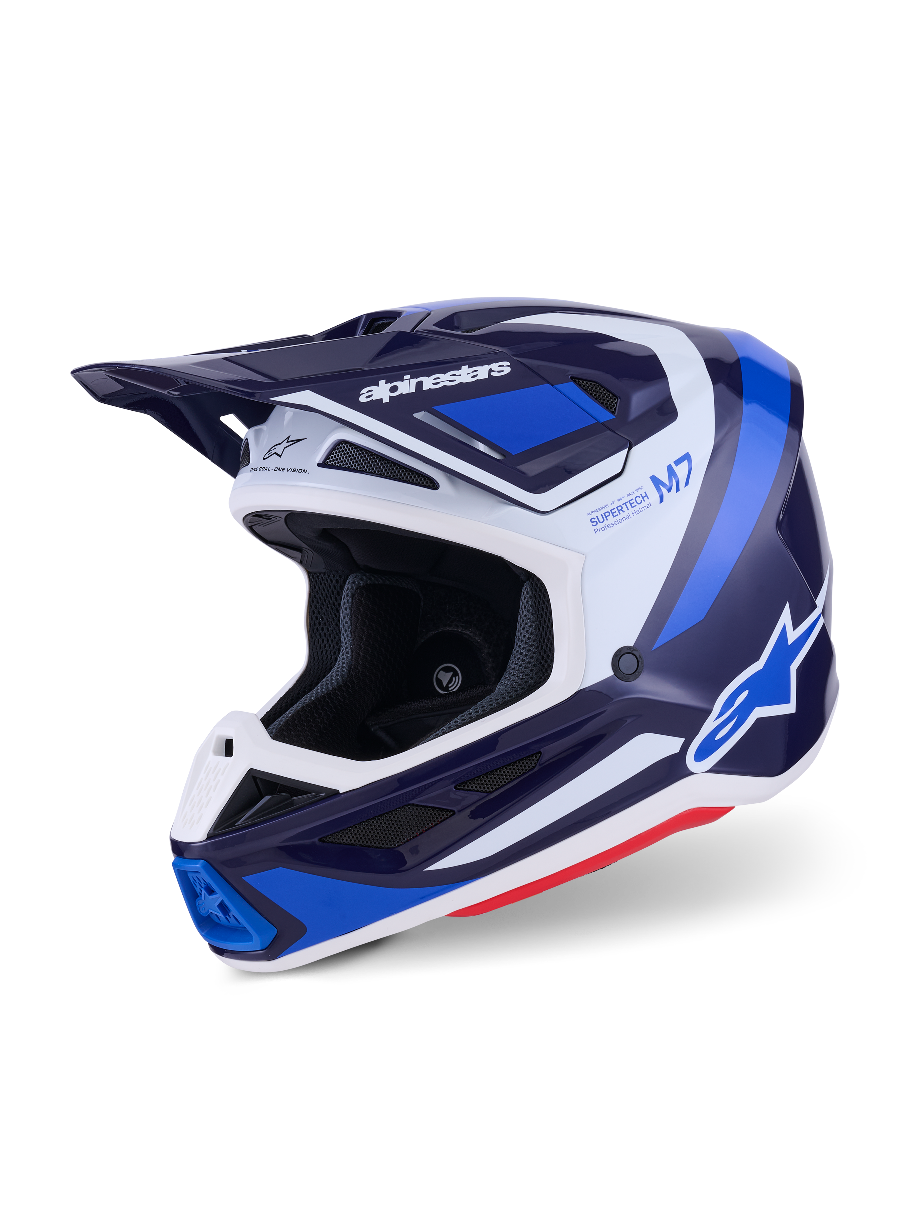 Alpinestars S-M7 Rise Motocross Helmet, Blue White Glossy, three-quarter view showing aerodynamic shell with integrated visor and multiple ventilation ports, featuring white and blue graphic accents and bold branding, high-performance off-road racing gear