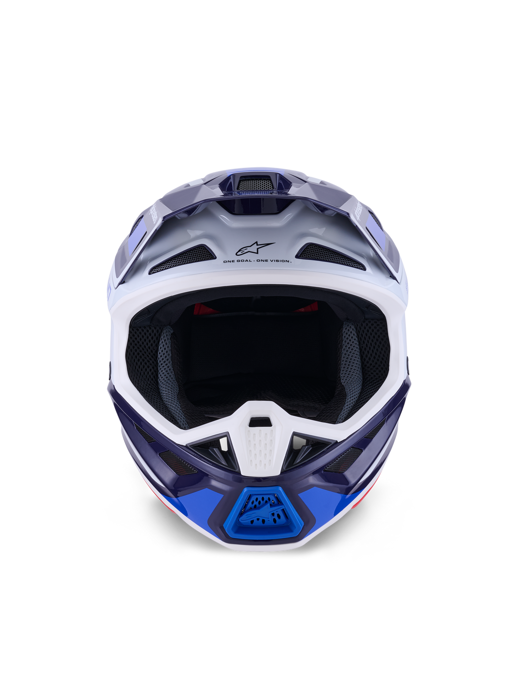 Alpinestars S-M7 Rise Helmet, Blue White Glossy, front-facing view, off-road motocross helmet featuring multiple ventilation ports, Astars logo on forehead, aerodynamic composite shell design