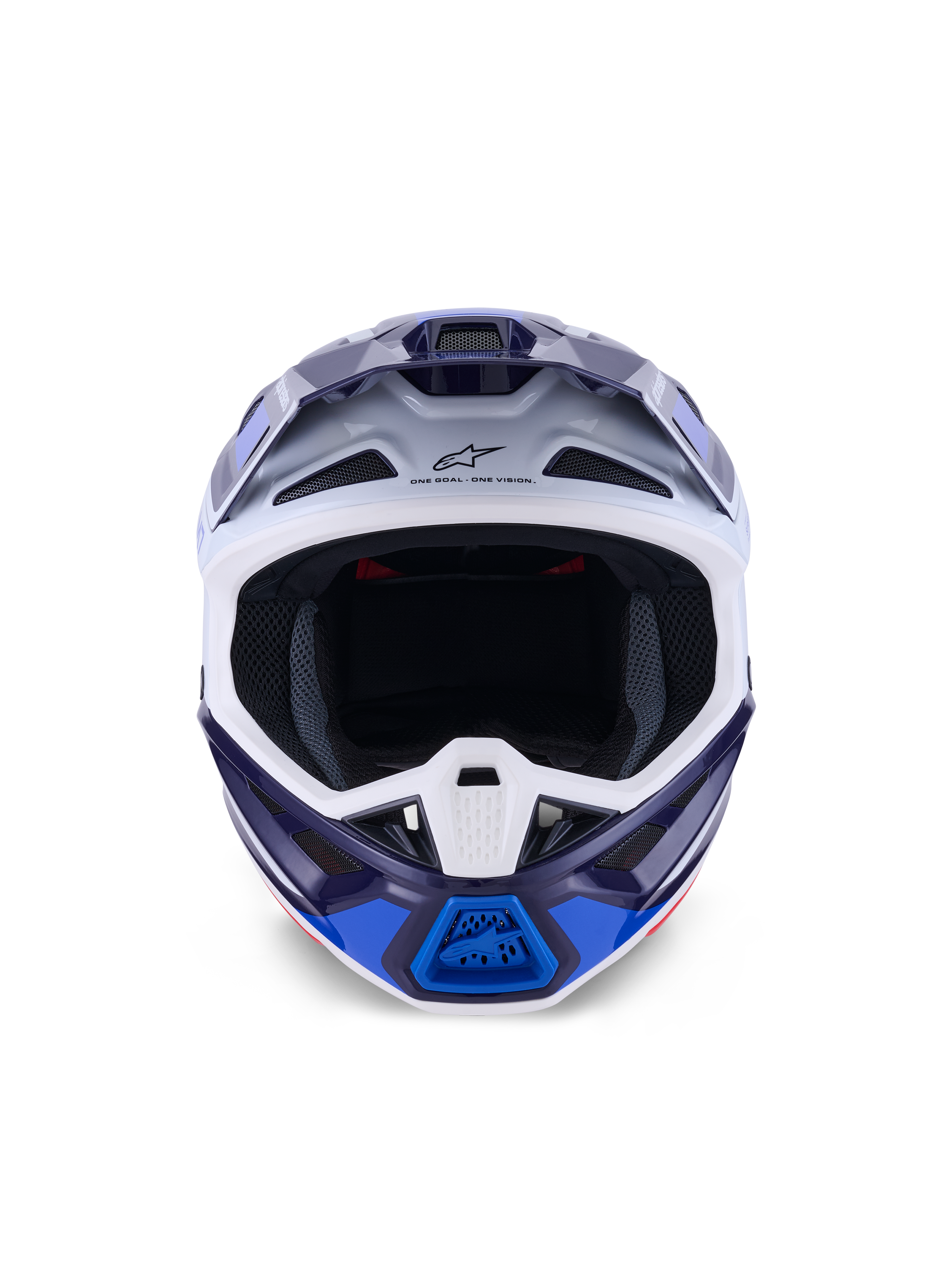 Alpinestars S-M7 Rise Helmet, Blue White Glossy, front-facing view, off-road motocross helmet featuring multiple ventilation ports, Astars logo on forehead, aerodynamic composite shell design