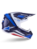 Alpinestars S-M7 Rise Helmet, Motocross Racing Helmet, Blue and White Glossy, side profile featuring an aerodynamic composite shell, ventilated visor, and angular design with bold branding, professional off-road protection