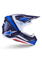 Alpinestars S-M7 Rise Helmet, Motocross Racing Helmet, Blue and White Glossy, side profile featuring an aerodynamic composite shell, ventilated visor, and angular design with bold branding, professional off-road protection