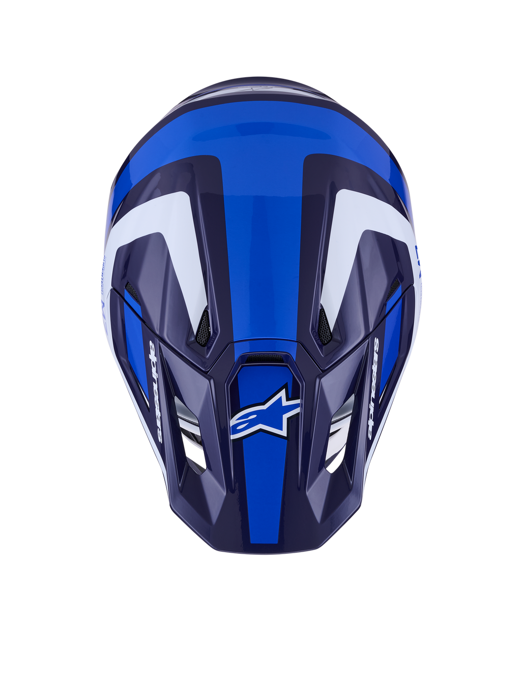 Alpinestars S-M7 Rise Helmet, Motocross Helmet, Blue White Glossy, top-down view showing aerodynamic shell and ventilation ports, featuring white and dark blue angular graphics with bold branding