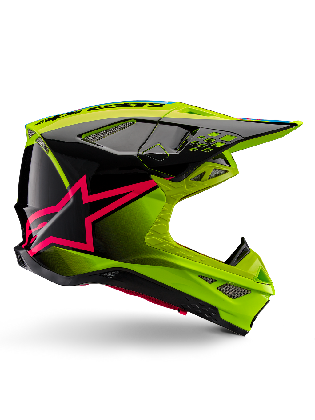 Alpinestars Supertech M10 Unite helm, motorcross racehelm, fluogeel en zwart met Diva Pink ster-graphics, glanzend aerodynamisch ontwerp met meerdere ventilatieopeningen, ECE 22.06 gecertificeerd