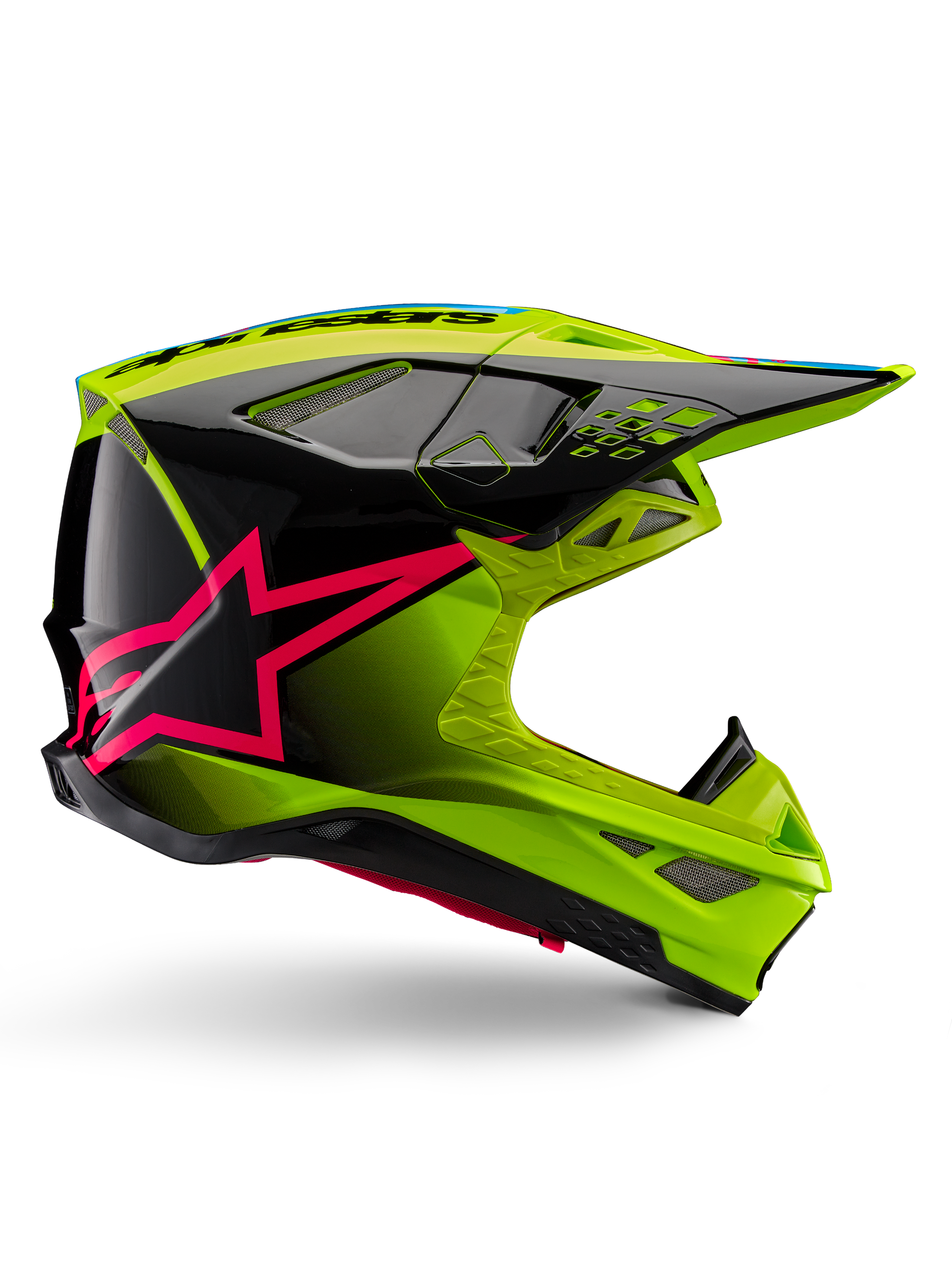 Alpinestars Supertech M10 Unite helm, motorcross racehelm, fluogeel en zwart met Diva Pink ster-graphics, glanzend aerodynamisch ontwerp met meerdere ventilatieopeningen, ECE 22.06 gecertificeerd