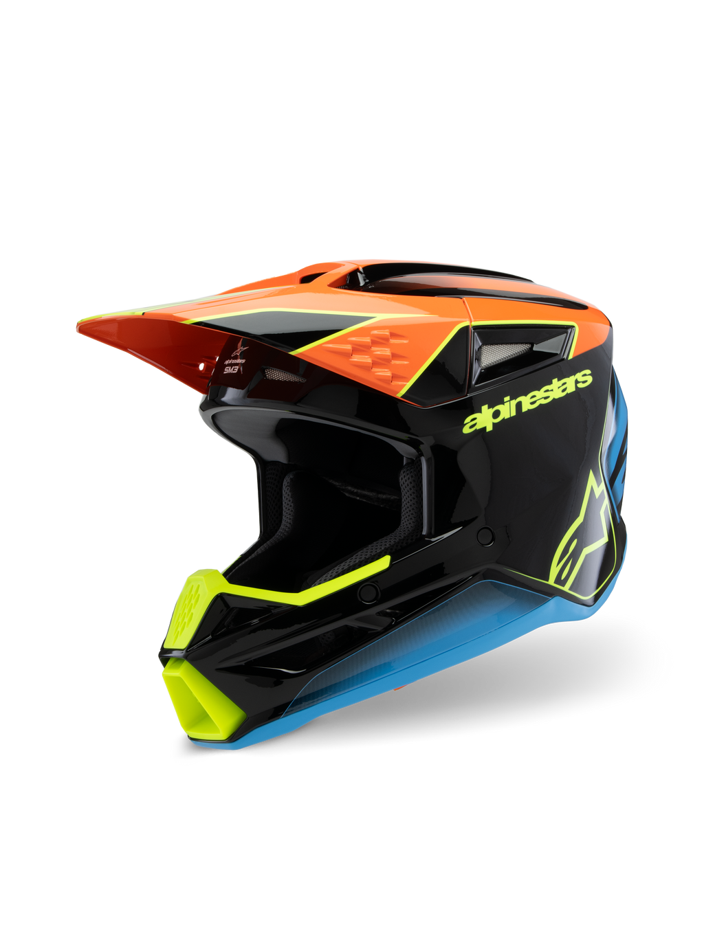 Alpinestars S-M3 Youth Fray helm, motorcrosshelm, zwart, oranje, geel en blauw, voorzien van een glanzende afwerking, aerodynamisch vizier en opvallende branding voor jeugd off-road racing