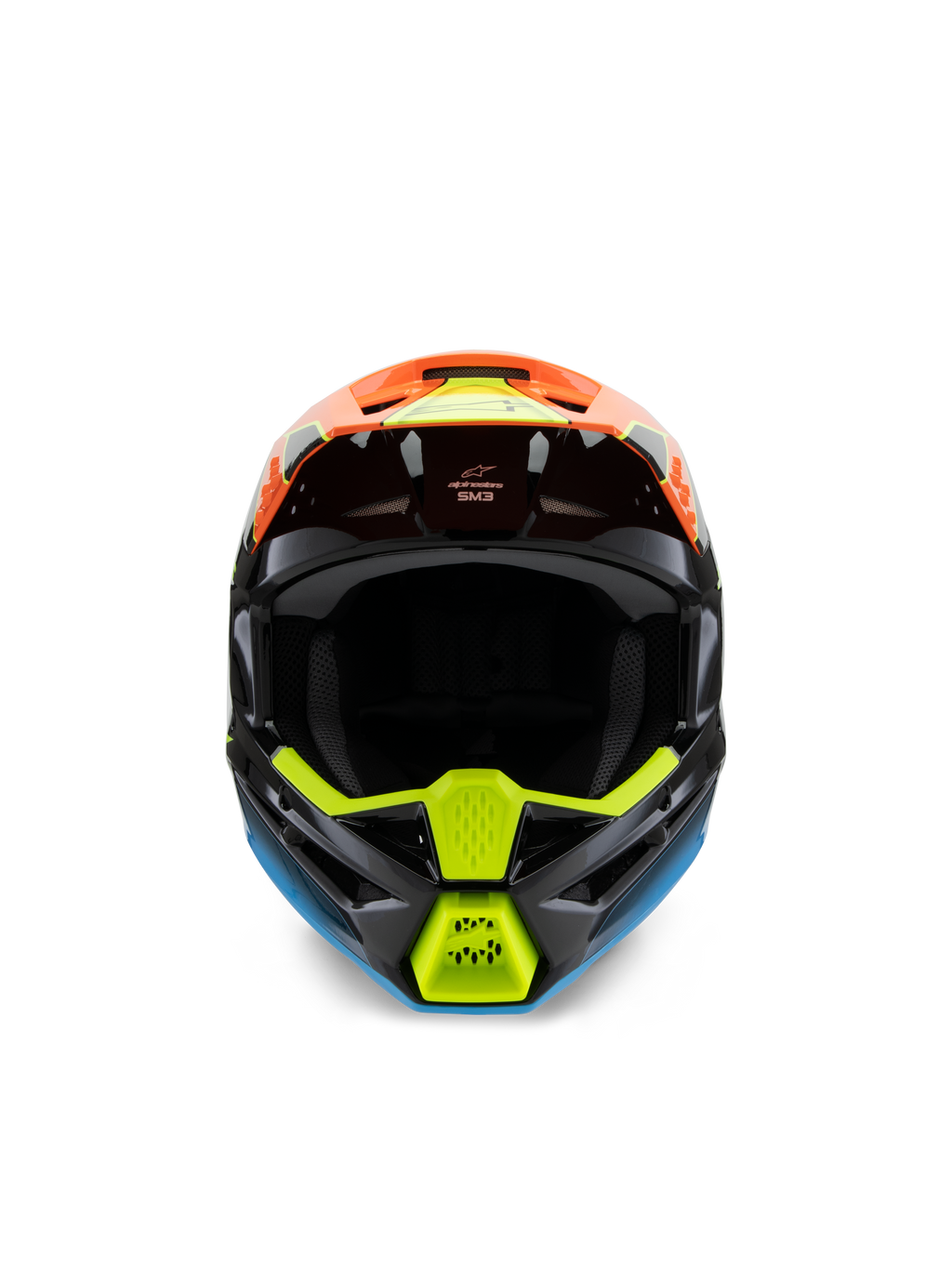 Alpinestars S-M3 Jeugd Fray-helm, vooraanzicht van een zwarte motorcrosshelm met levendige oranje, fluoriserend gele en blauwe graphics, ontworpen voor off-road rijden door jongeren