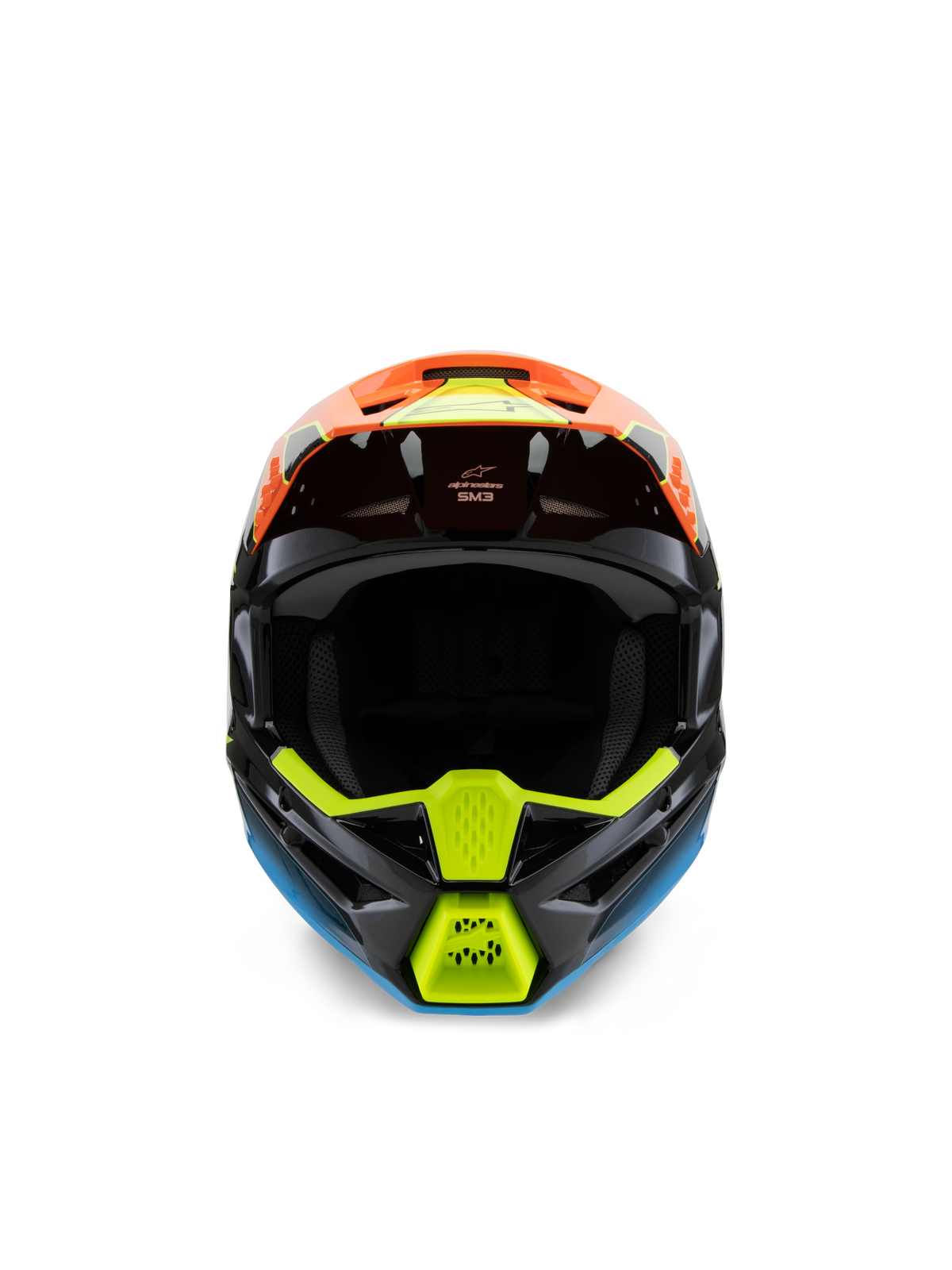 Alpinestars S-M3 Jeugd Fray-helm, vooraanzicht van een zwarte motorcrosshelm met levendige oranje, fluoriserend gele en blauwe graphics, ontworpen voor off-road rijden door jongeren