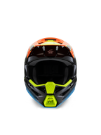 Alpinestars S-M3 Jeugd Fray-helm, vooraanzicht van een zwarte motorcrosshelm met levendige oranje, fluoriserend gele en blauwe graphics, ontworpen voor off-road rijden door jongeren