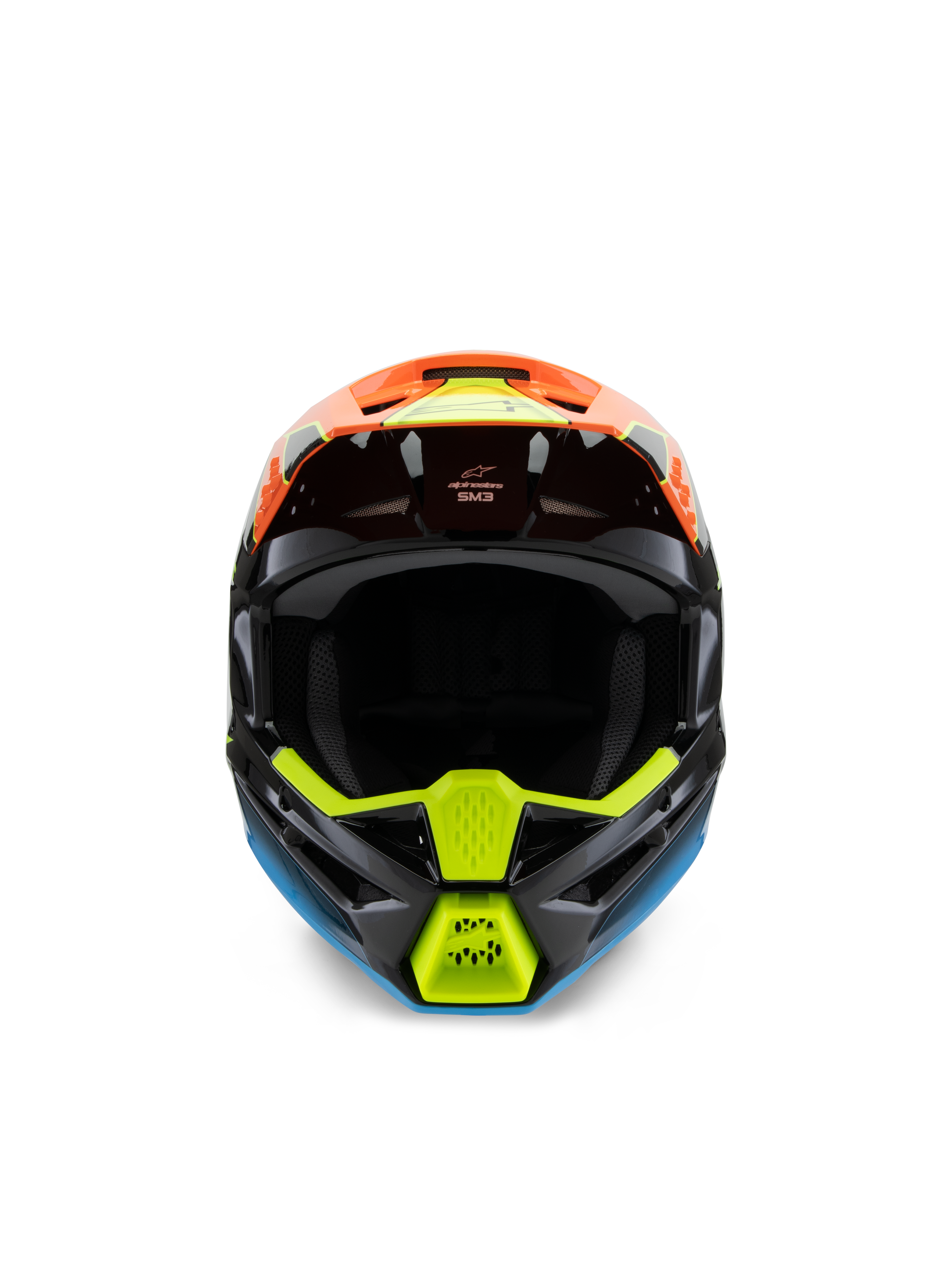 Alpinestars S-M3 Jeugd Fray-helm, vooraanzicht van een zwarte motorcrosshelm met levendige oranje, fluoriserend gele en blauwe graphics, ontworpen voor off-road rijden door jongeren