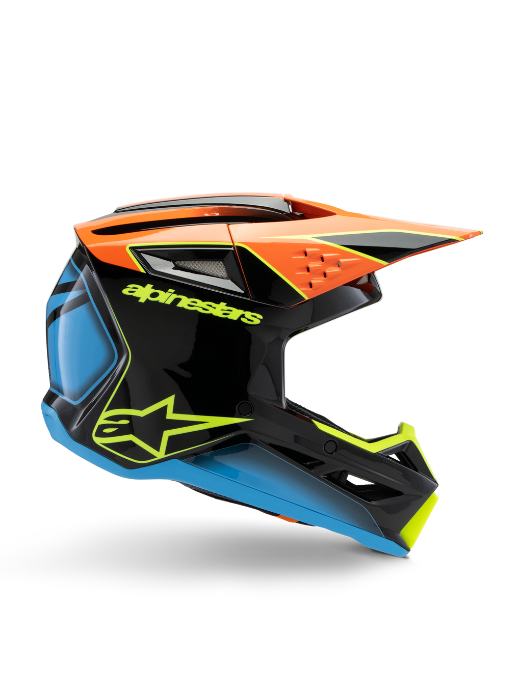 Alpinestars S-M3 Youth Fray helm, motorcrosshelm, zwart met oranje, blauwe en fluorescerend gele accenten, zijprofiel met aerodynamisch ontwerp, ventilatieopeningen en scherp vizier, glanzende afwerking met opvallende gele branding