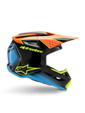 Alpinestars S-M3 Youth Fray helm, motorcrosshelm, zwart met oranje, blauwe en fluorescerend gele accenten, zijprofiel met aerodynamisch ontwerp, ventilatieopeningen en scherp vizier, glanzende afwerking met opvallende gele branding