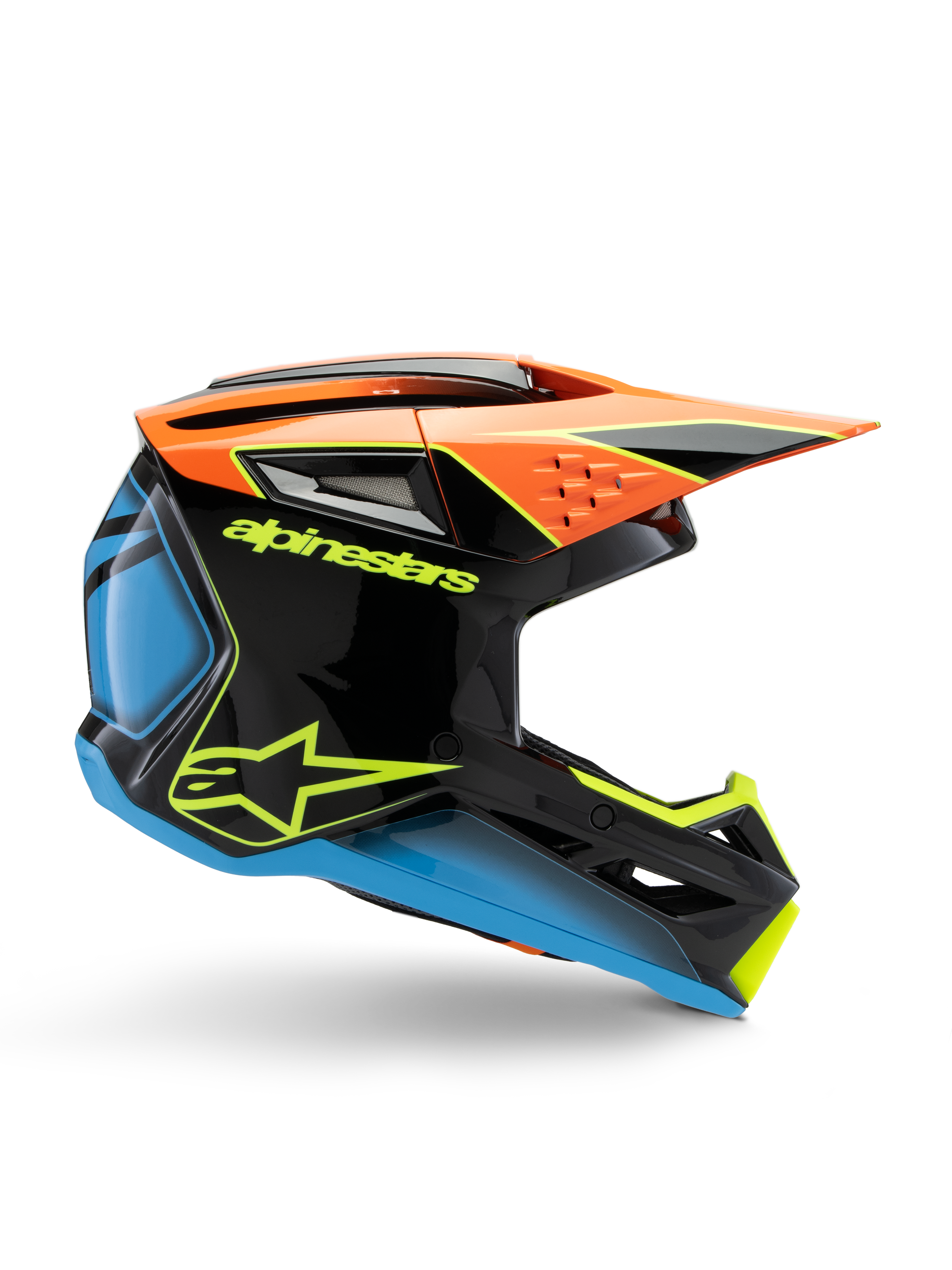 Alpinestars S-M3 Youth Fray helm, motorcrosshelm, zwart met oranje, blauwe en fluorescerend gele accenten, zijprofiel met aerodynamisch ontwerp, ventilatieopeningen en scherp vizier, glanzende afwerking met opvallende gele branding