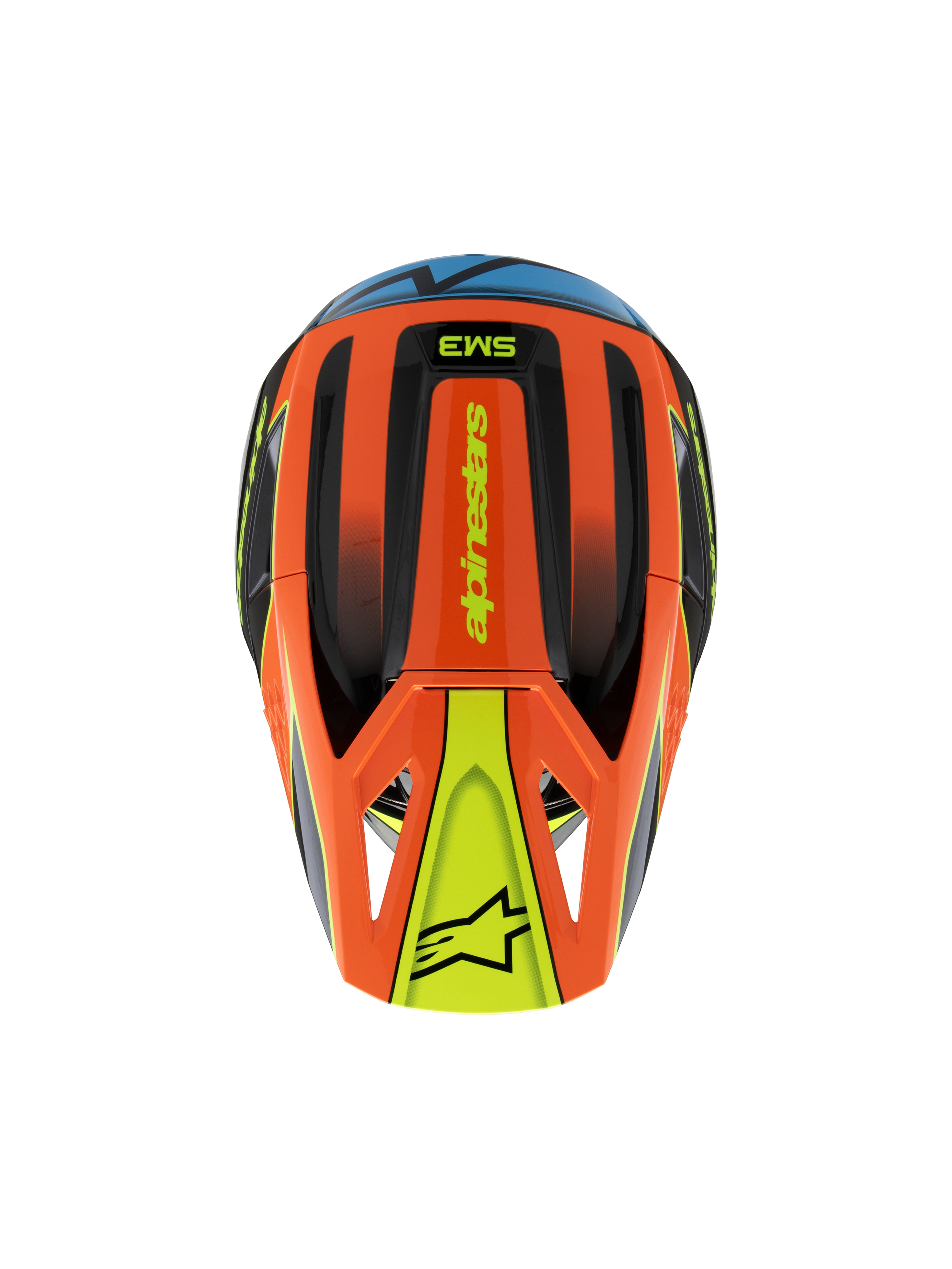 Alpinestars S-M3 Youth Fray Helm, bovenaanzicht, oranje, zwart en geel met blauwe accenten, voorzien van 'alpinestars' branding en ster-logo op het vizier, gestroomlijnd aerodynamisch ontwerp voor jeugd motocross en off-road rijden