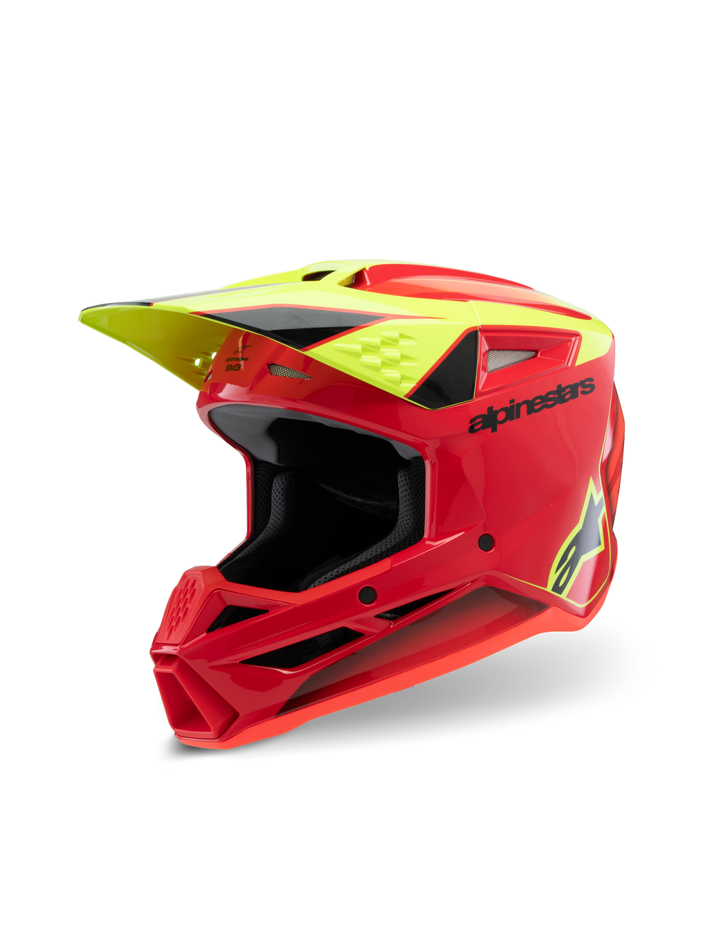 Alpinestars S-M3 Youth Fray Helm, motorcrosshelm, rood, fluogeel en glanzend zwart, met een agressief aerodynamisch ontwerp, beschermend vizier en meerdere ventilatieopeningen voor off-road prestaties