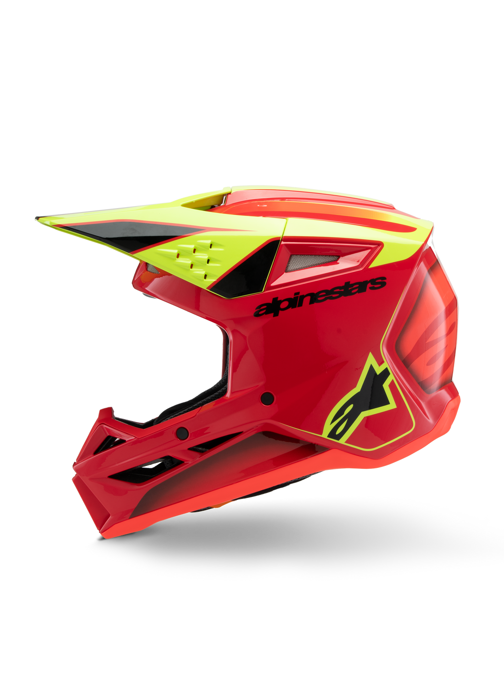 Alpinestars S-M3 Youth Fray helm, motorcrosshelm, rood, neon geel en glanzend zwart, zijaanzicht met aerodynamisch vizier, ventilatie-inlaten en opvallende branding, off-road beschermende uitrusting voor de jeugd