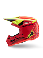 Alpinestars S-M3 Youth Fray helm, motorcrosshelm, rood, neon geel en glanzend zwart, zijaanzicht met aerodynamisch vizier, ventilatie-inlaten en opvallende branding, off-road beschermende uitrusting voor de jeugd