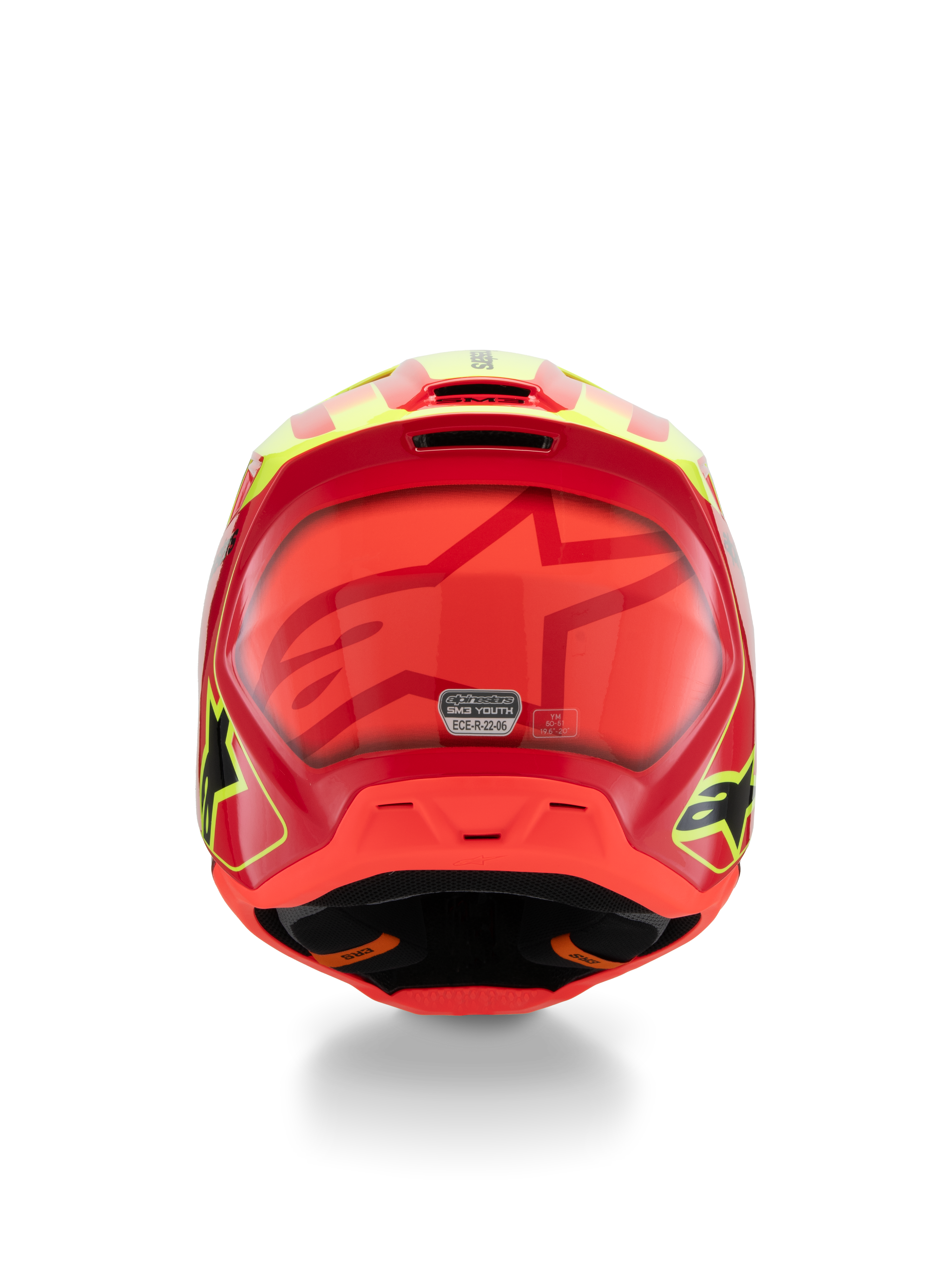 Alpinestars S-M3 Youth Fray Helm, motocrosshelm, rood, fluor geel en glanzend zwart, achteraanzicht met een groot tonaal ster-logo, ECE 22.06-certificeringssticker en aerodynamisch schaalontwerp met zijlogo's.